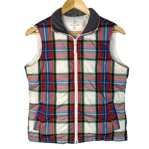 Lands End Womans XS Down Feather Puffer Vest Plaid Full Zip Collar Red White 2-4 - Picture 1 of 6